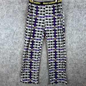 DC Comics Batman Pajama Pants Mens Large Gray Purple Plaid Fleece Logo Nightwear